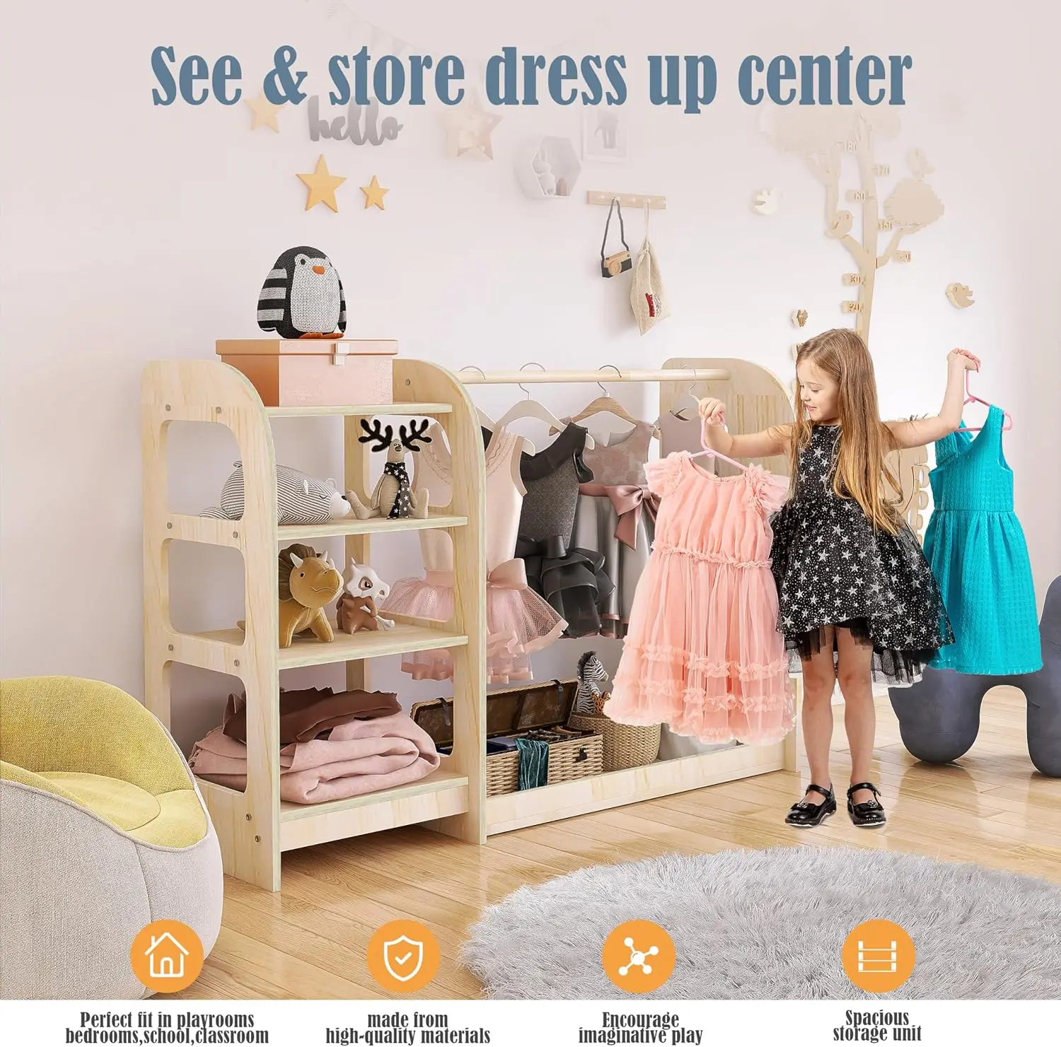 Up Storage with Mirror, Montessori Kids Dress Up Rack, Wooden Dress Up Storage Rack for Little Girls and Boys, Kids Costume Rack