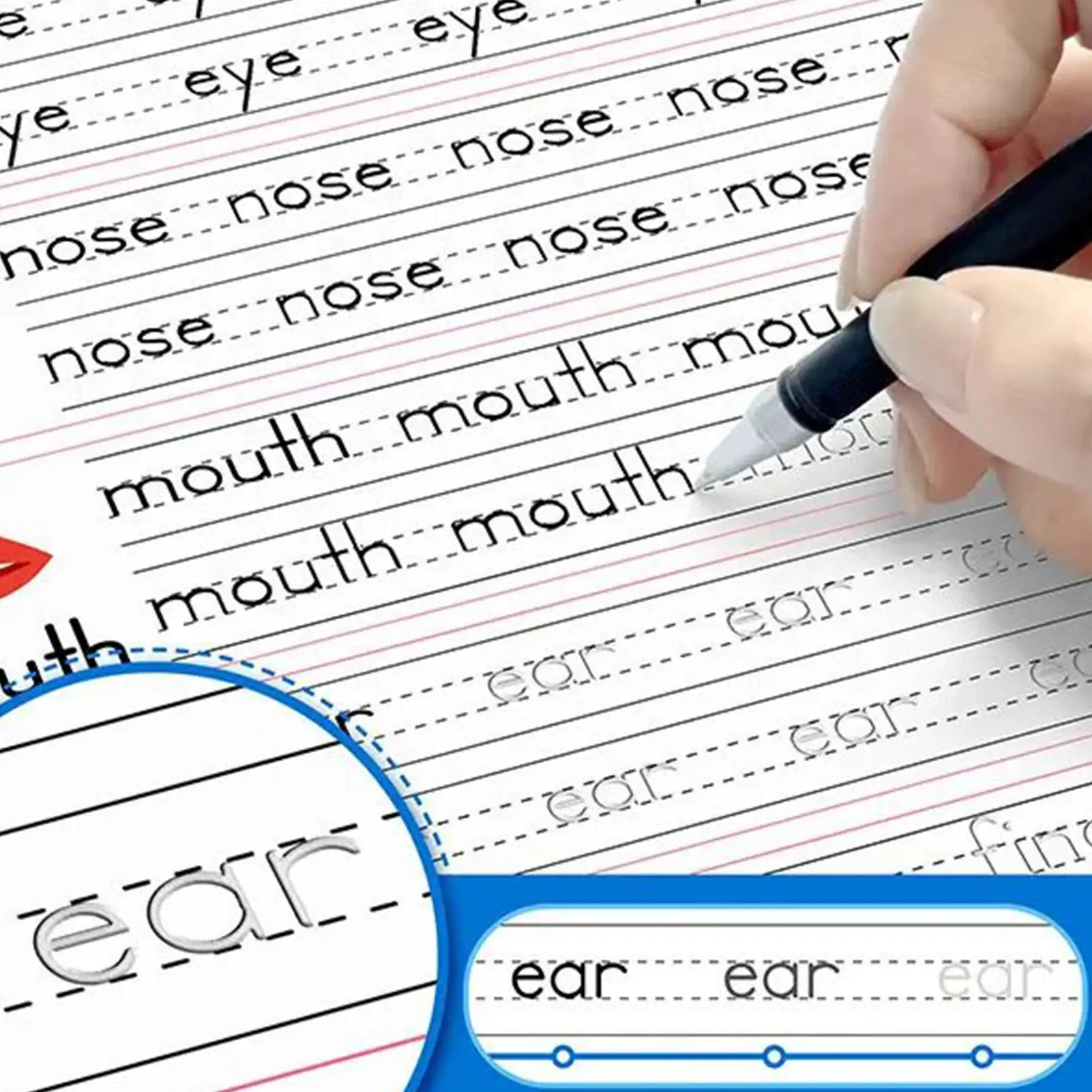 Quaderno di esercizi per la scrittura a mano Pagina riutilizzabile per l'apprendimento scanalato con impugnature per penna Libro di esercizi per la scrittura del vocabolario per bambini della scuola materna