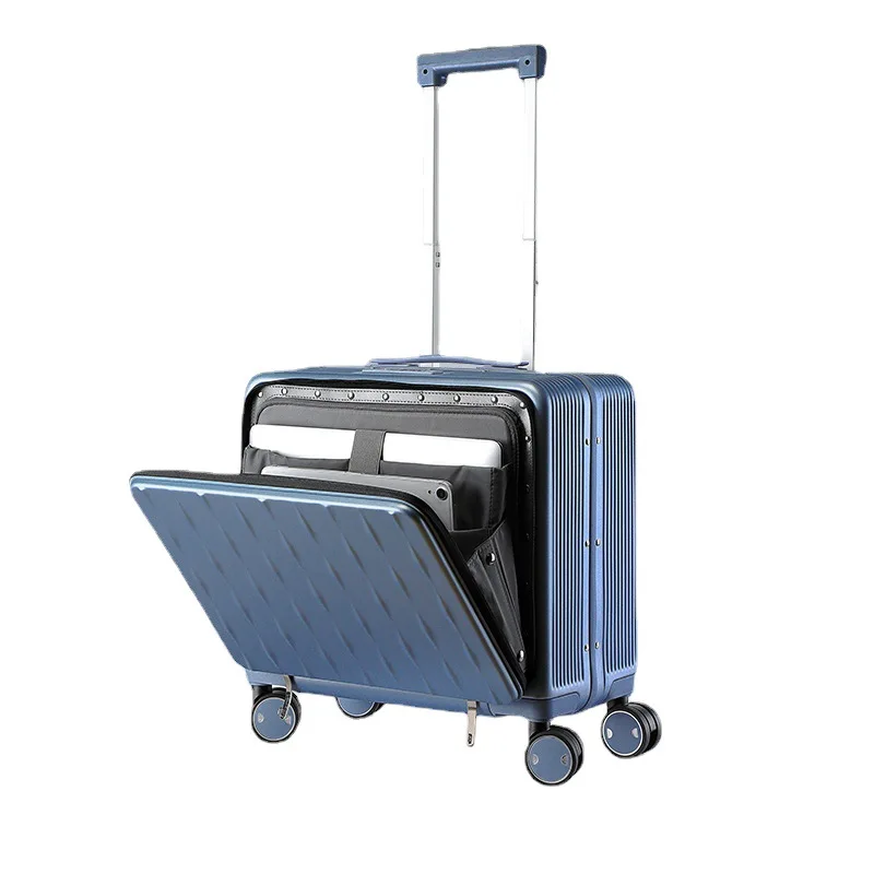 

Front opening lid, trolley case, aluminum frame, password box, male and female.