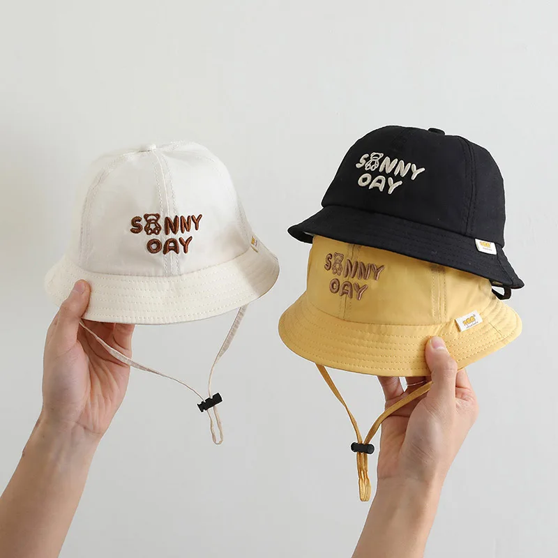

Solid Color Letter Bucket Hat for Baby Soft Cotton Fisherman Cap Kids Spring Summer Wide Brim Sunshade Panama Hats