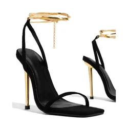 2024 Women heels Sexy Gold  High Heels Sandals Thin Single Strap Metal Stiletto Sandals Gold Heel Shoes