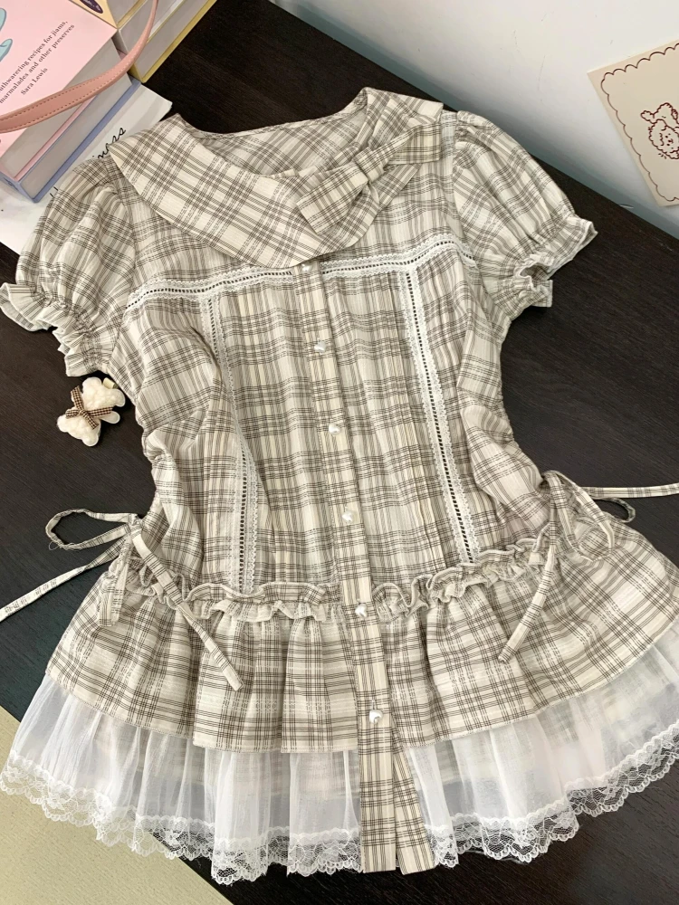 

Slim Fit Plaid Shirt Women's Summer Lace Trim Bubble Sleeve Doll Collar Korean Style Commute Fashion Casual Short Sleeve Shirt
