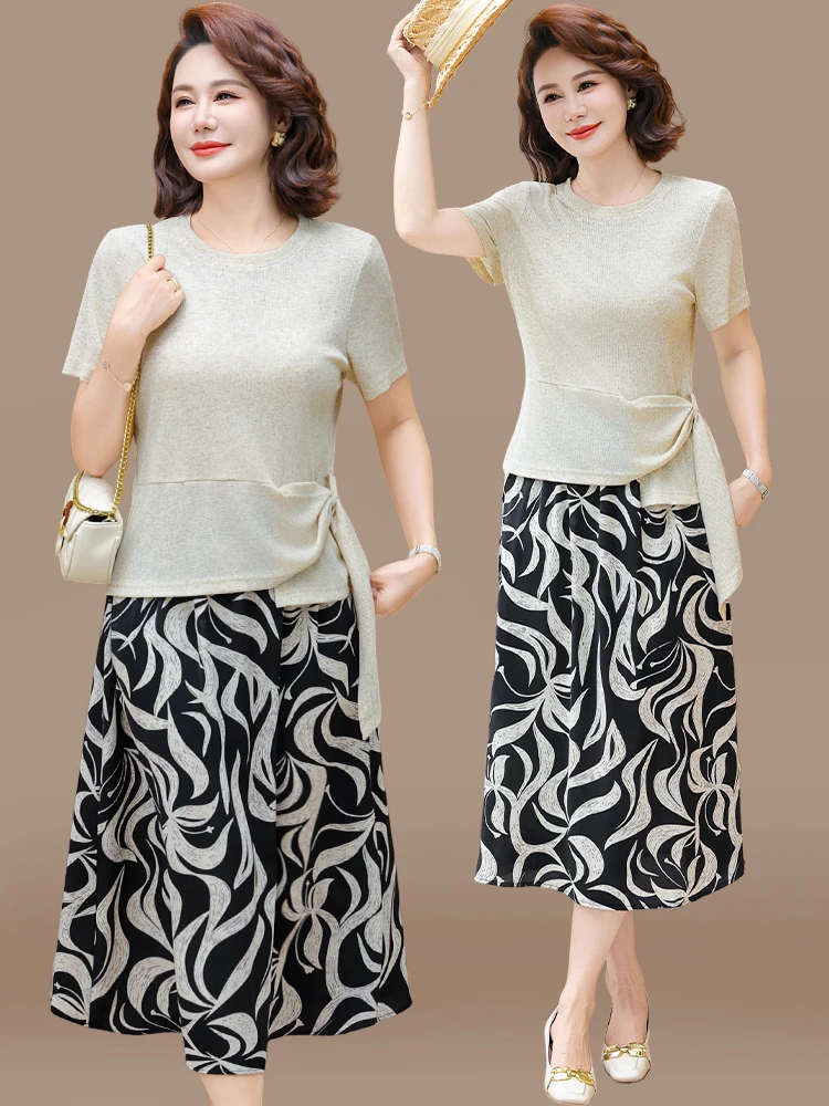 

Ele Summer Outfit Set for Older Women ort Sve T-irt And ter Ne Dr Two-Piece Faionable Loose Sle