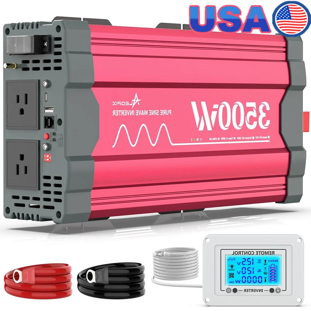 3500 Watt Pure Sine Wave Power Inverter 12V DC to 110V 120V Converter Home RV and Off-Grid Solar Systems with Type-C Port 2 AC