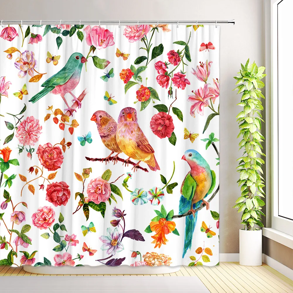 

Green Leaves Birds Shower Curtain Watercolor Floral Modern Colorful Plant Leaf Butterfly Hummingbird Bathroom Decor with Hooks