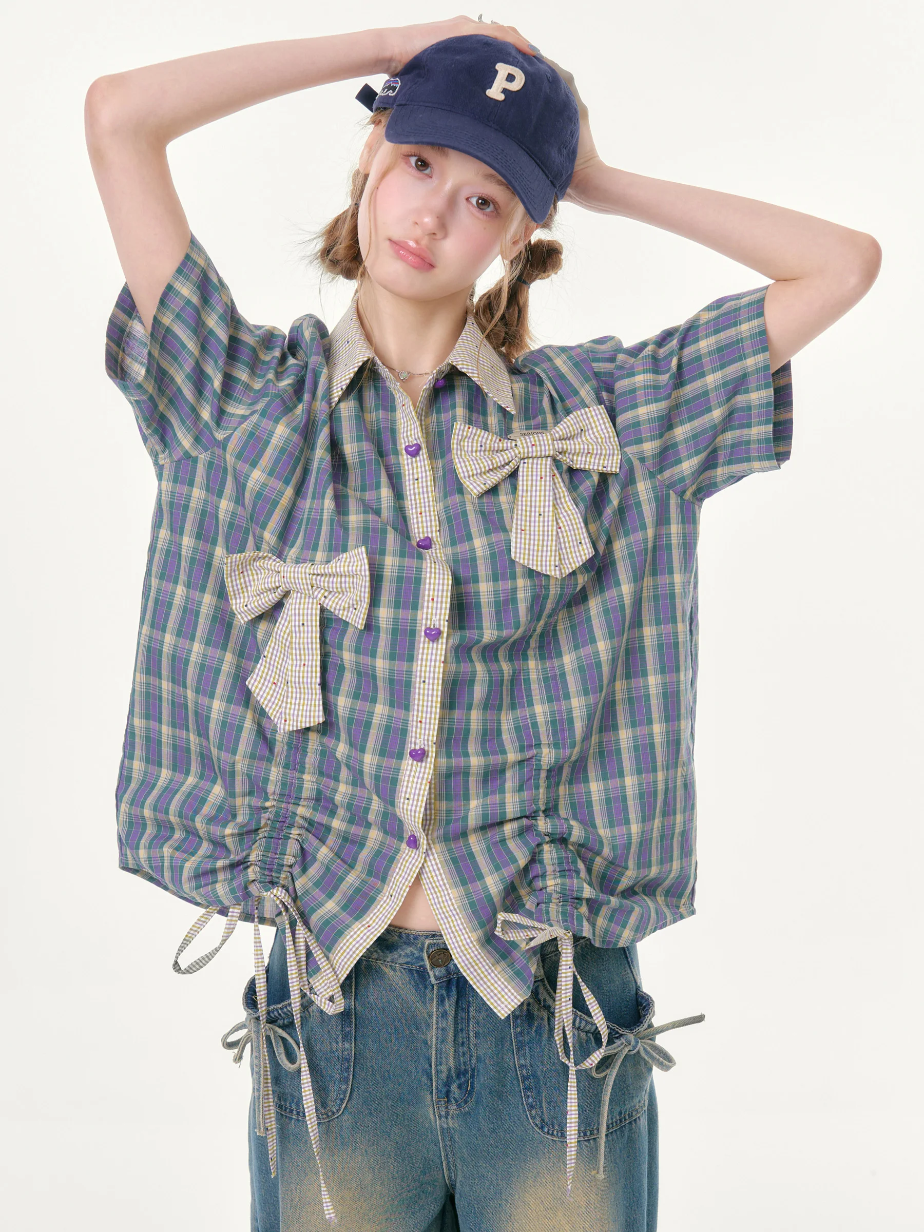 

ZiziFei Vintage Style Women's Short Sleeve Shirt Drawstring Loose Fit Cotton Plaid Pattern Atmosphere Feeling Spring Fashion