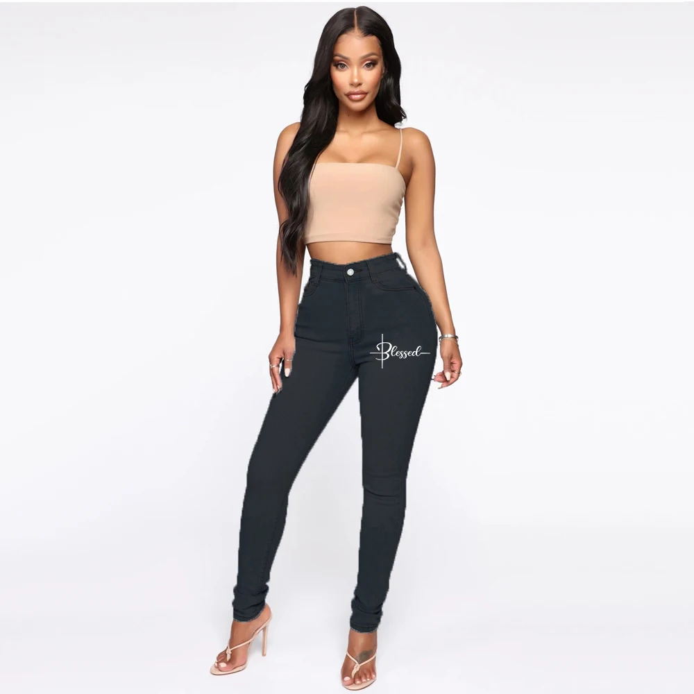 

Women's print Jeans Mid Waist Stretch Skinny Denim Pants Retro Washed