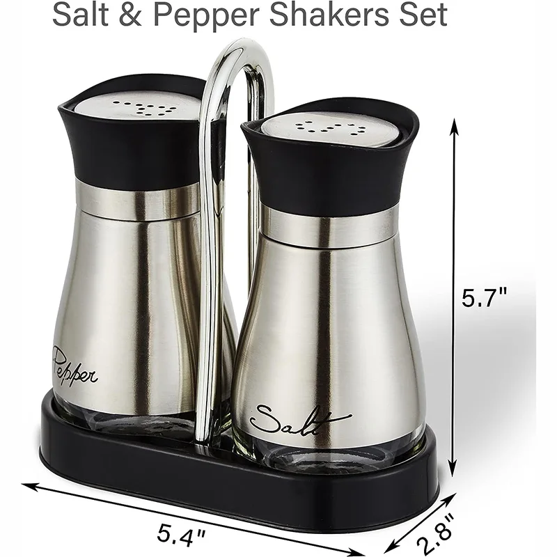 Salt and Pepper Shakers Set, Stainless Steel with Glass Bottle, Table, RV, Camp, BBQ, Set of 2