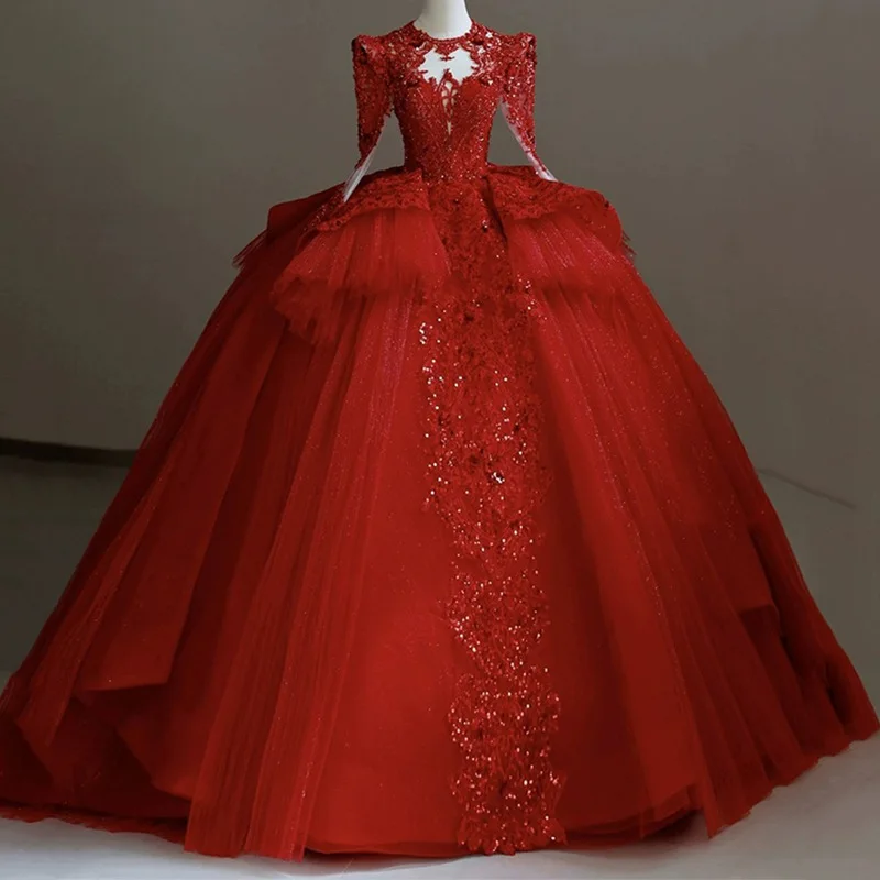 Customized Red Ball Gown Women Wedding Dresses Tulle Long Sleeves Appliques Sequins Bridal Gowns Vestido De Noiva robe de mariée