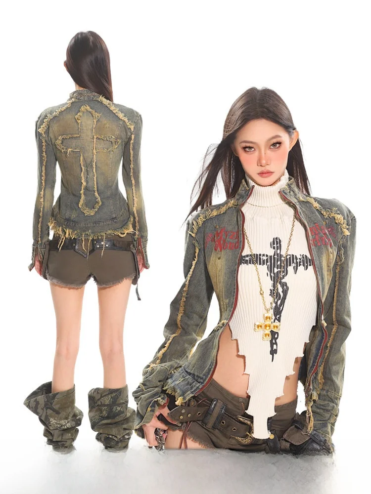 

CCUP SPACE American Waed Retro Waist-Cinching Denim ort Jaet Women's Autumn Winter Street Sle Faded Jaet Top