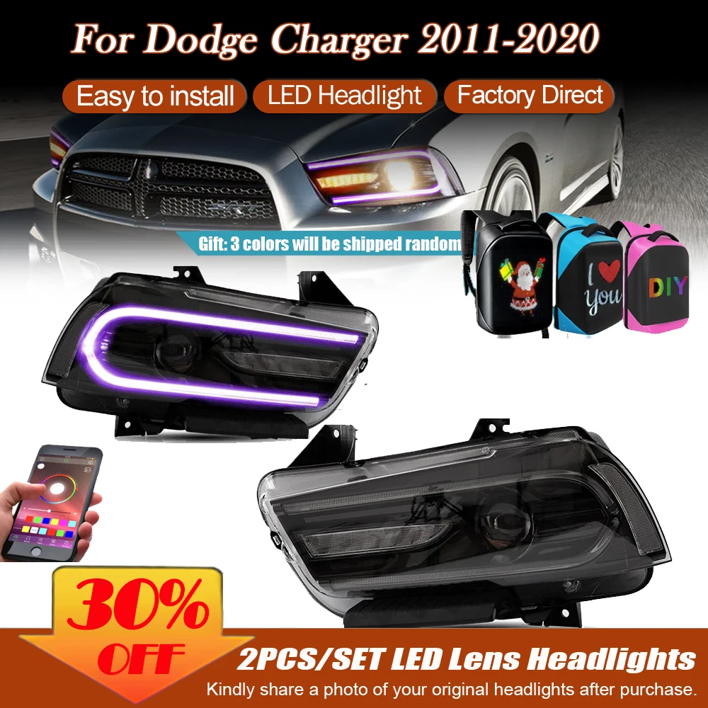 Auto Accessories LED Projector Headlights For Dodge Charger 2011-2020 with Dual Beam Lens, Sequential Turn Signals Lamp DRL Bars