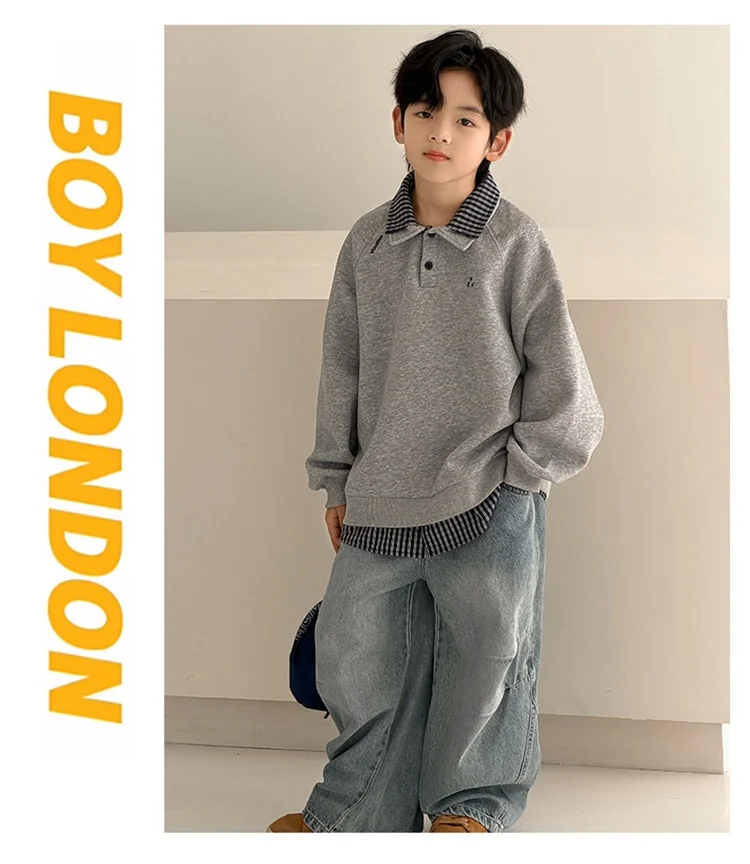 Neu eingetroffen: Modisches Langarm-Poloshirt mit doppelter Schicht für Kinder, Jungen-Hoodie mit Umlegekragen, Frühlingskleidung. – Detail 10