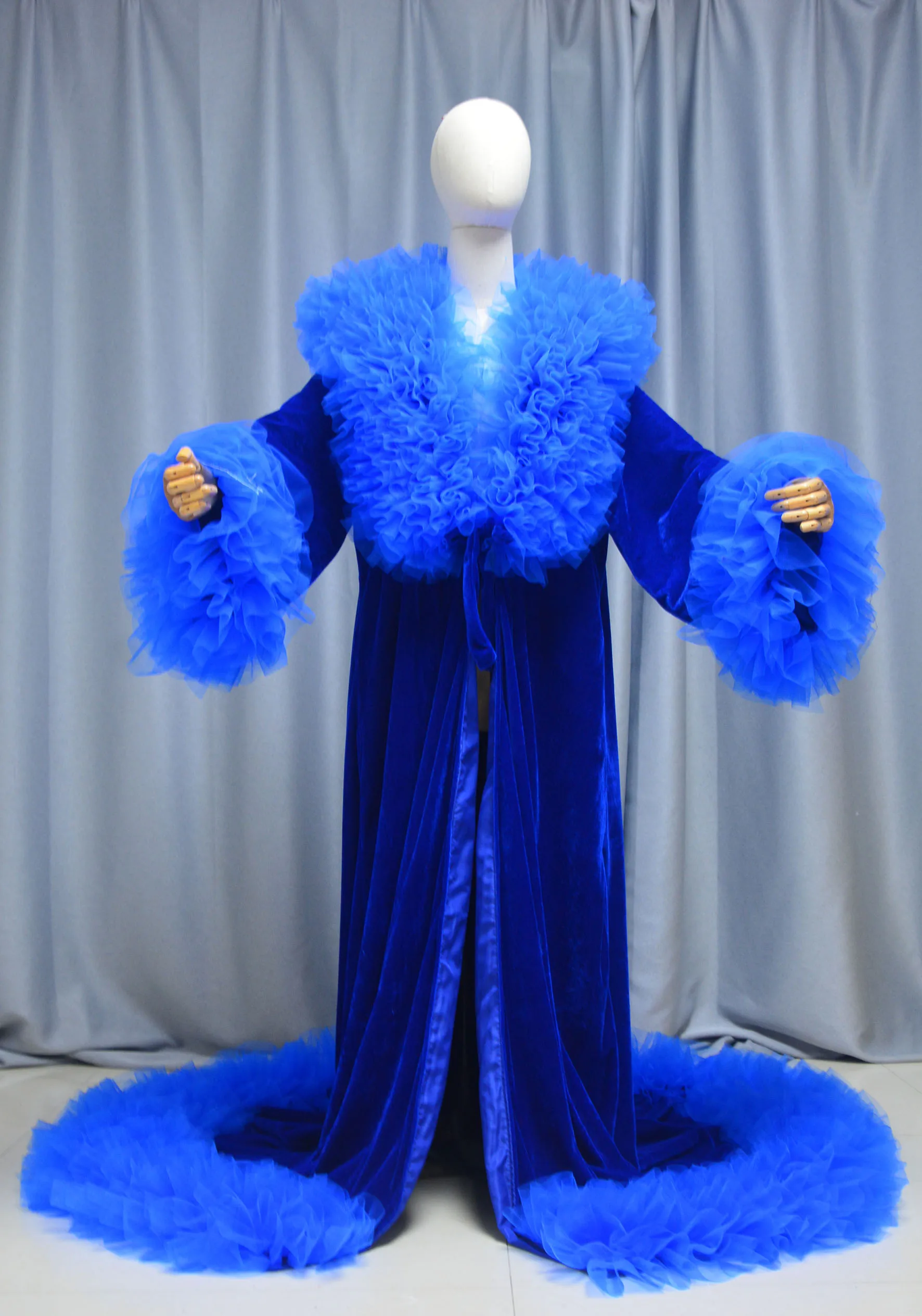 Fluwelen jasje met lange mouwen Tule kraag met ruches, lange jas met V-hals mantel cape Fashion stage drag queen mantel bruiloft mantel jurk