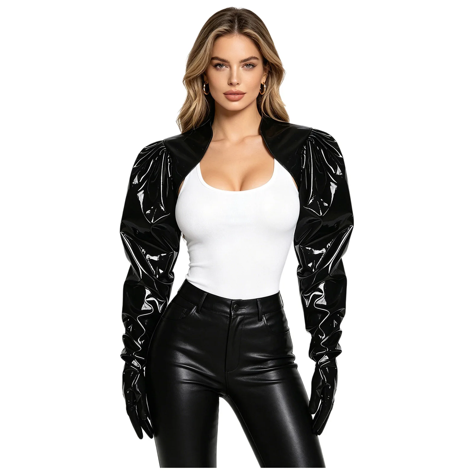 Women Steampunk PU Leather Stylish Crop Top Diva Performance Punk Clothing Long Sleeve Hipster Crop Coat Rave Party Clubwear