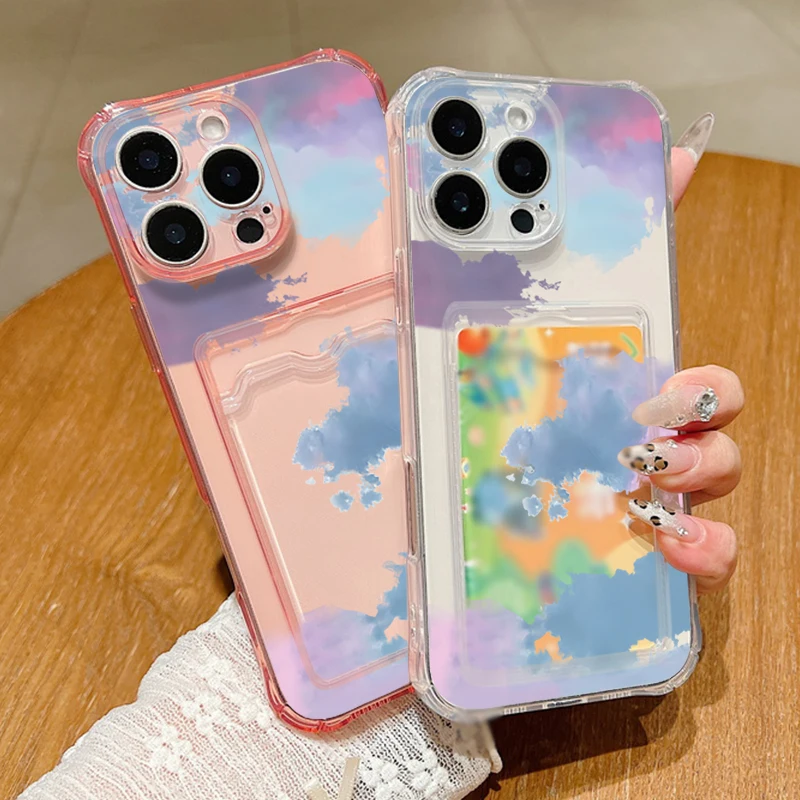 Case For iPhone 16 Pro Max Luxury Card Slot Back Colorful Cloud Wind Clear Soft Silicone Cover For iPhone 11 12 13 14 15 Pro Max