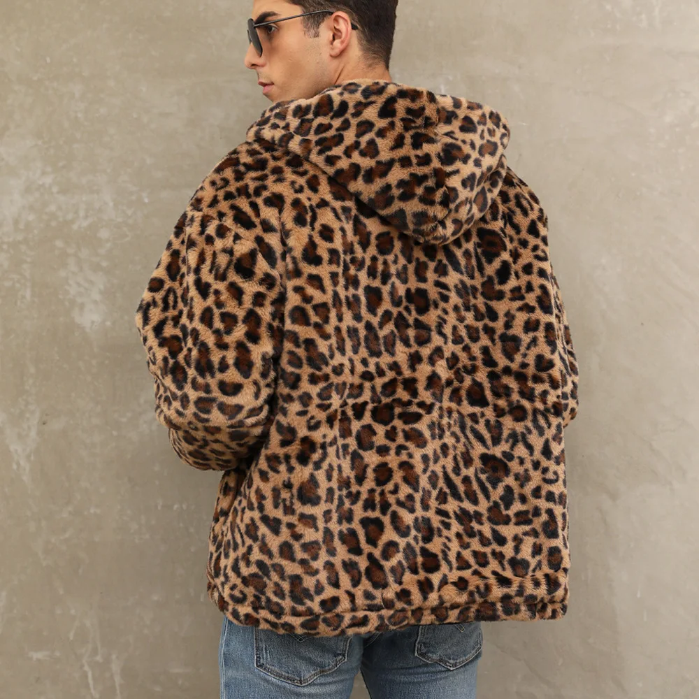 Autumn and Winter Warm Plush Leopard Print Jacket Imitation Fur Zipper Hooded Jacket for Men