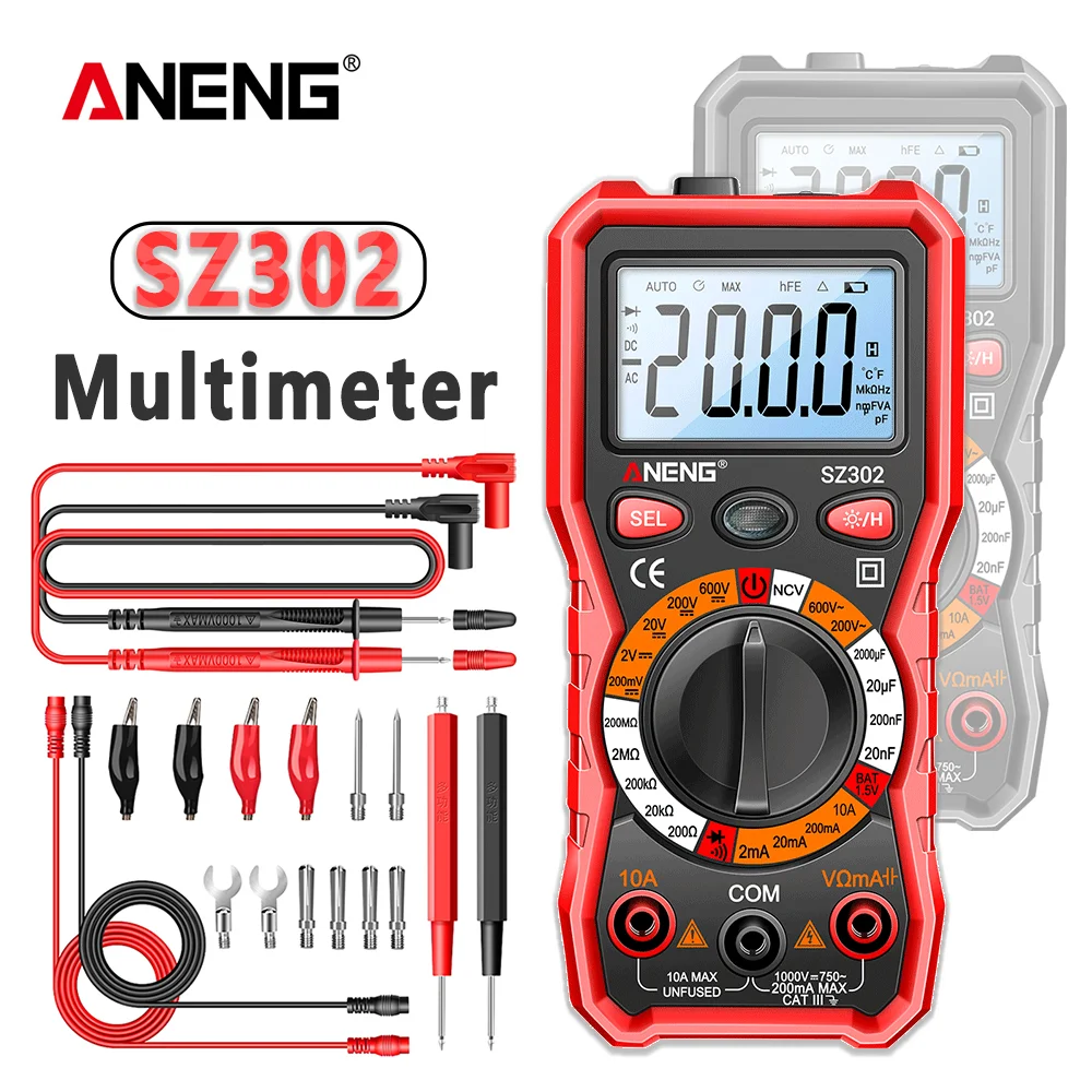 ANENG SZ302 LCD Digital Multimeter AC DC Current Votage Diode Freguency Multitester Automatic Luminous Display Tester Tools