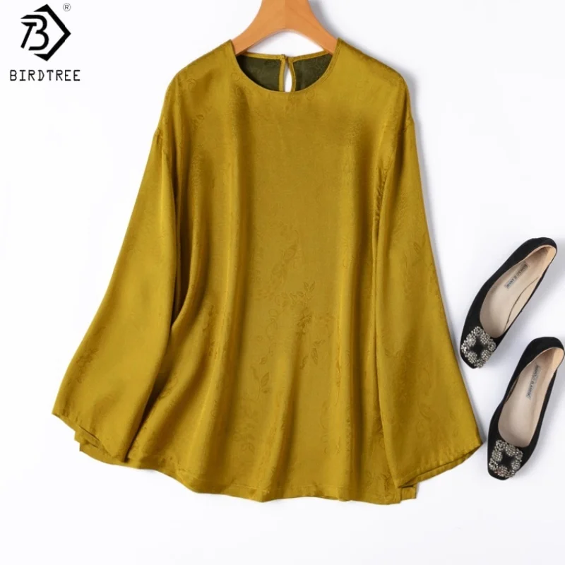 

Birdtree 24MM 100% Silk Jacquard Blouse,Women O-neck Raglan Sleeve Side Slit Shirt,2025 Autumn Loose Pullover T5O514JF