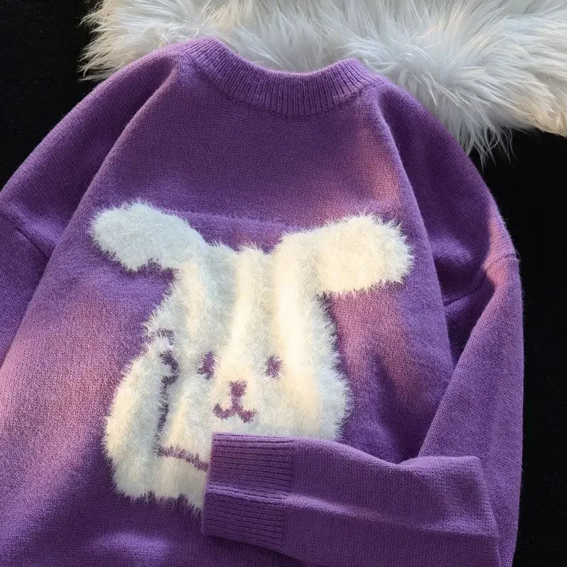 Cute Rabbit Plush Y2kTop Sweater Joker LooseKnitted Shirts Autumn Winter Women Solid Color Kawaii Puppy Round Neck Ins Cashmere