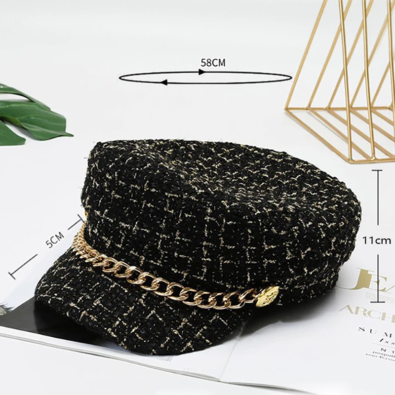 Autumn Winter Pearl Chain Flat Top Navy Hat Fashion Beret Newsboy Caps Berret Woman Octagonal Hats Women's Designer Apparel