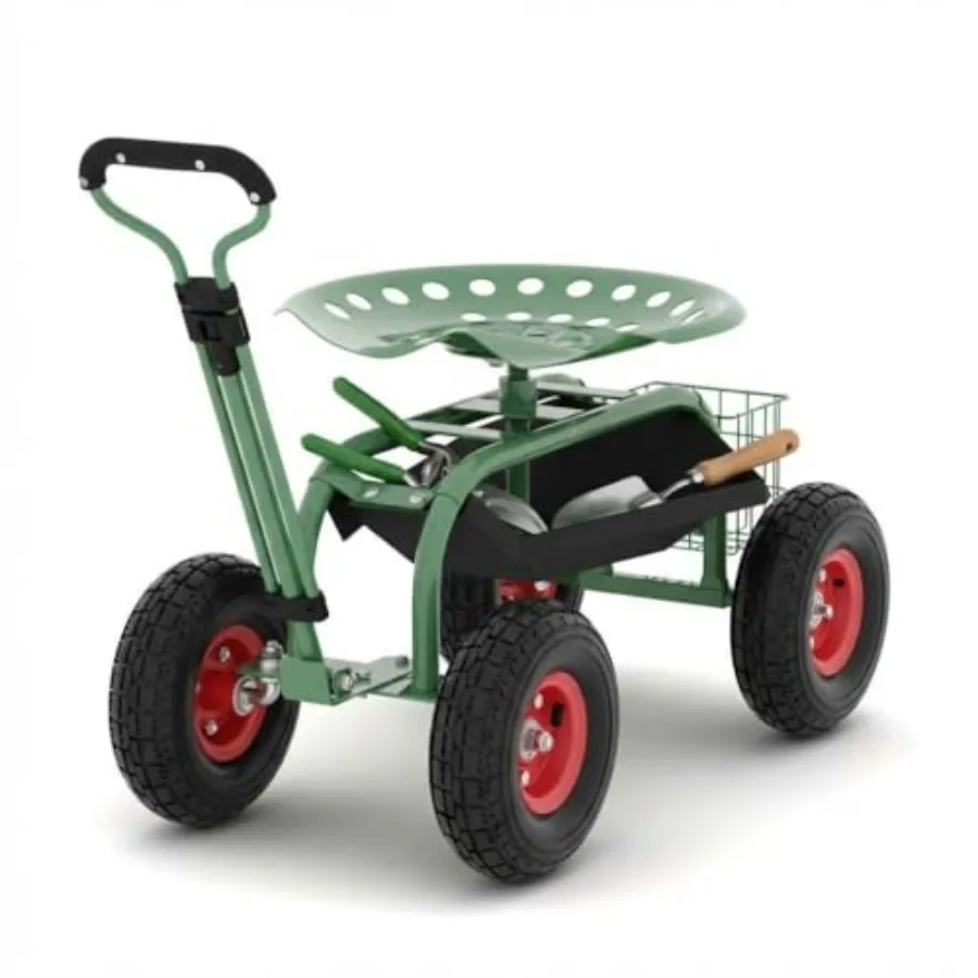 

Garden Cart with Seat on Wheels Rolling Gardening Stool with 360 Swivel Seat Steering Handle Large Utility Tool Tray for Planti