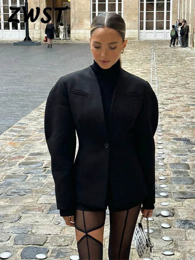 

Повседневный женский пиджак с пышными рукавами, однотонный женский пиджак на пуговицах с v-образным вырезом и длинными рукавами, закрытая талия, 2026, модная женская уличная верхняя одежда