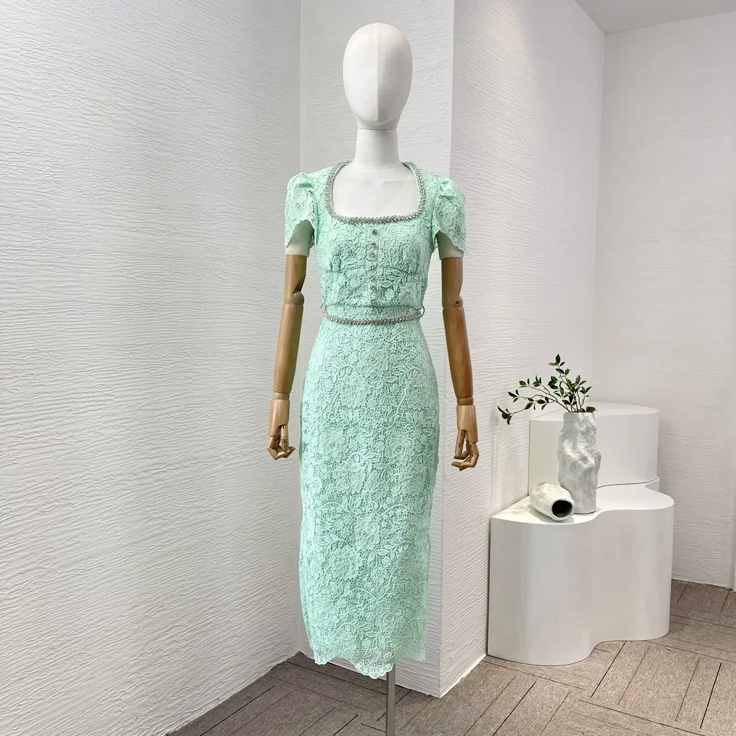 

2024 New Mint Green Short Sleeve Lace Patchwork Square Neck Diamond Chain Decoration Slim Fit Women Midi Dress