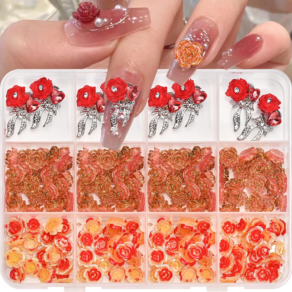 12 grades vintage glitter rosa flor encantos da arte do prego 3d luxo rosa coração bowknot liga acessórios do prego dia dos namorados prego dez