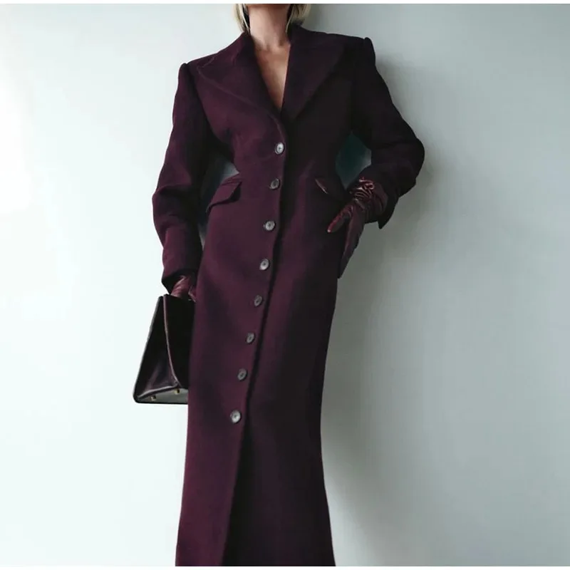 

European and American cross-border 2025 spring women's women's woolen coats elegant lapel high waist long woolen coats