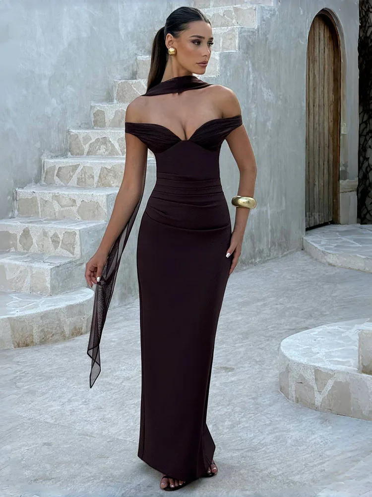 Absobe Avond Tank Maxi Jurk Dames Sexy V-hals Off Schouder Sjaal Lint Backless Uitgesneden Slanke Bodycon Split Jurk Partywear