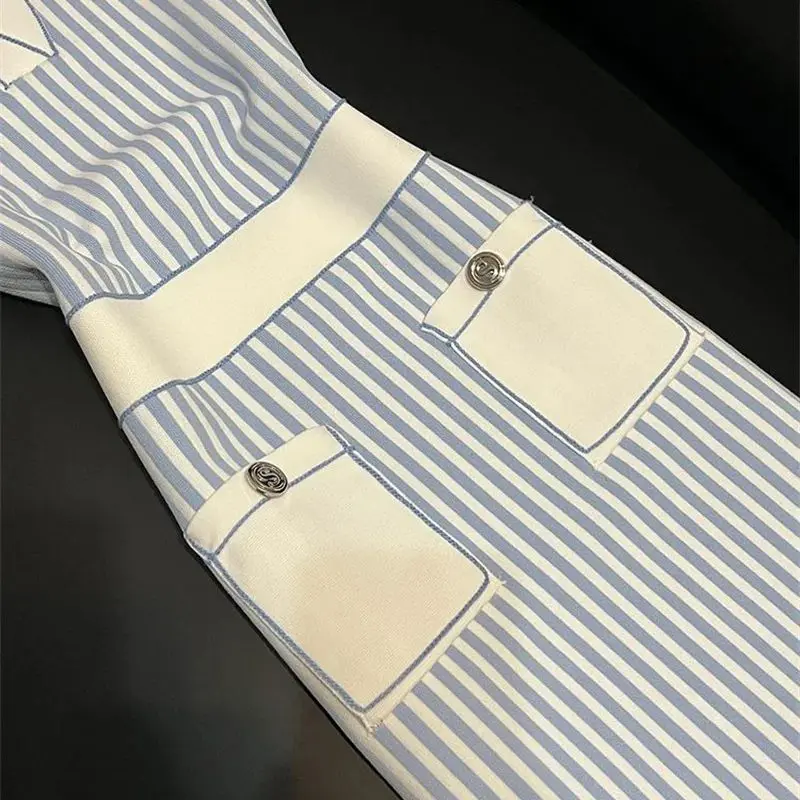 Elegant Women Turn Down Collar Elatic Waist Bodycon Sundress Fashion Stripes Long Vestidos 038A Summer Patchwork Tank Knit Dress