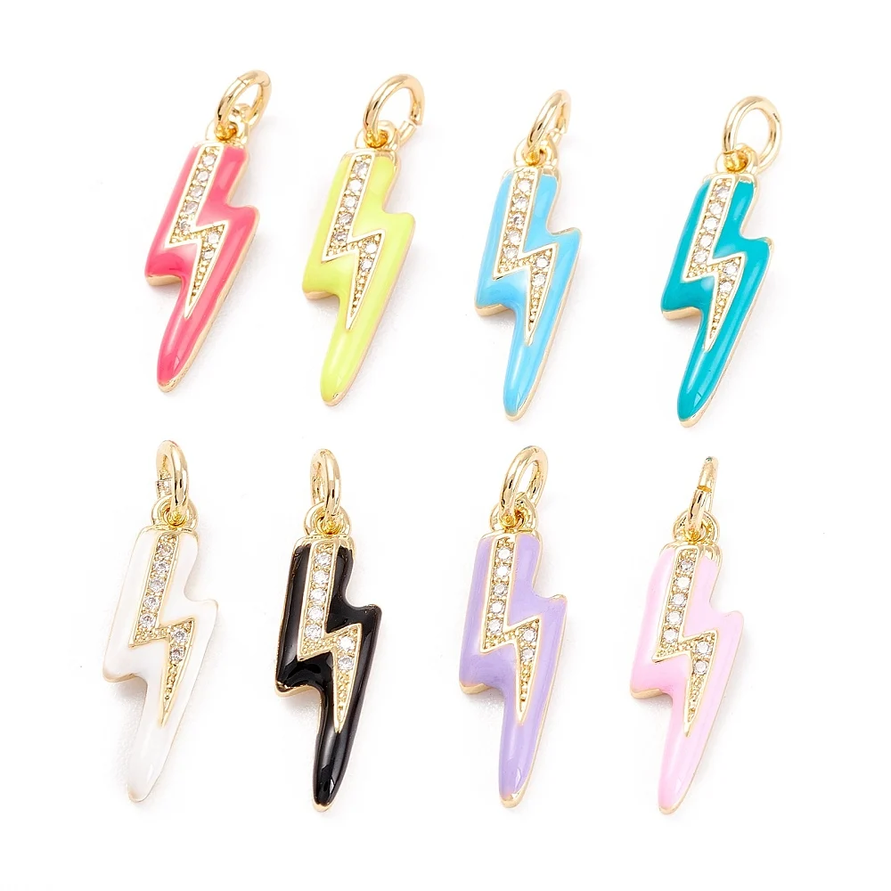 10pcs Enamel Lightning Bolt Charms Flash Thunder Brass Micro Pave Clear Cubic Zirconia Pendants for Jewelry Making Bracelet