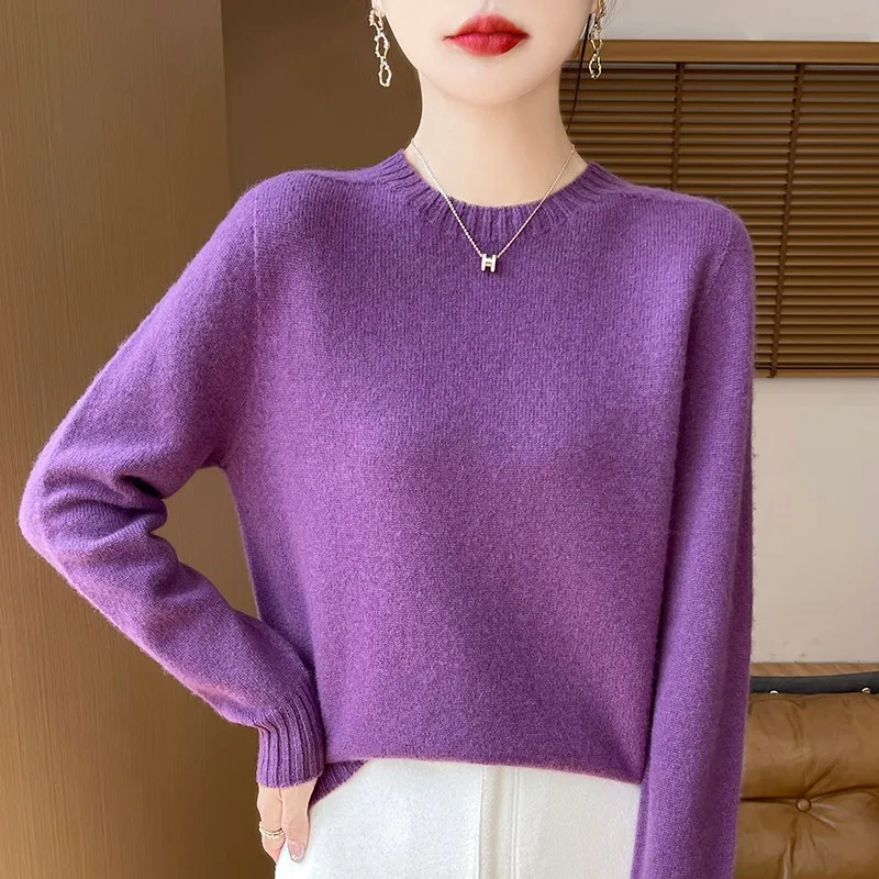 DjzDsm Fall/Winter New Women's 100% Merino Pure Wool Pullover Seven Needle Thick Warm Crewneck Sweater Solid Color Basic Top