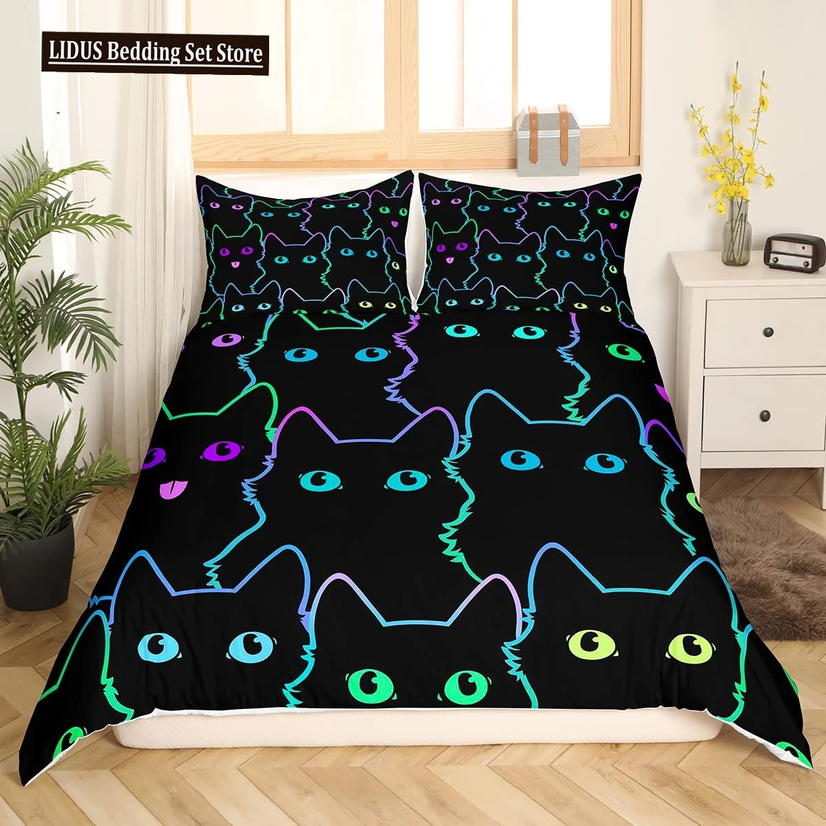 

Cartoon Cat Duvet Cover Set Pet Cat Comforter Cover Cute Kitten Neon Light Cat Bedding Set 3D Cat Lover's Bedspread Cover 2/3pcs