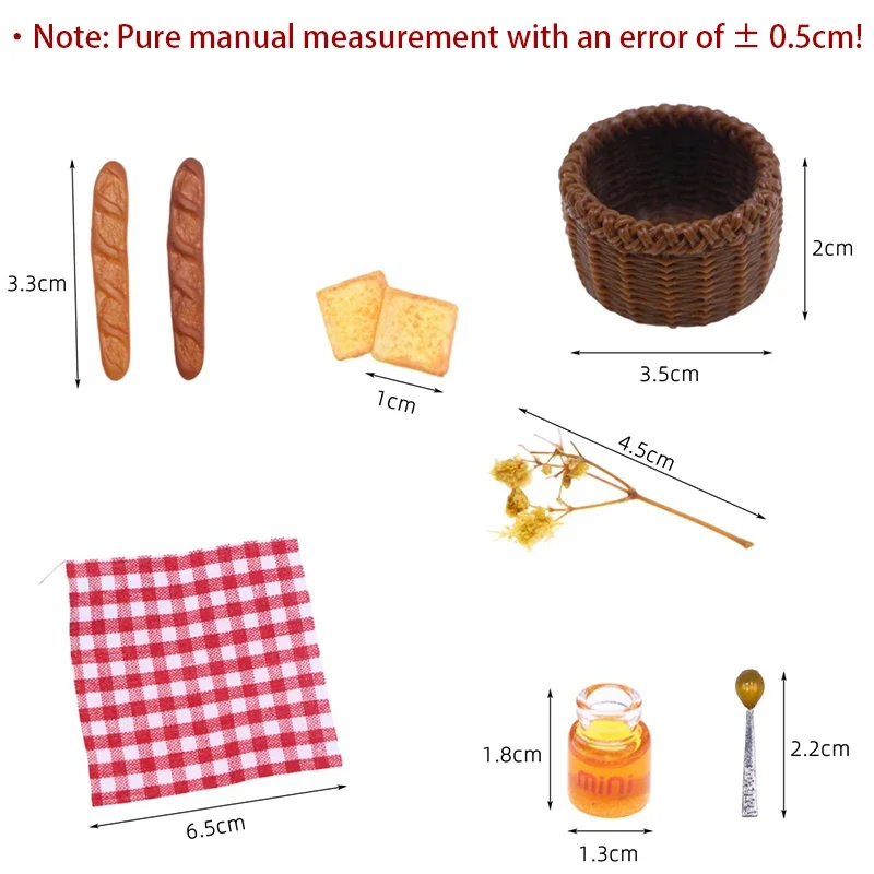 Decorazione del cestino da picnic con miele di pane di simulazione in miniatura per casa delle bambole in scala 1/12