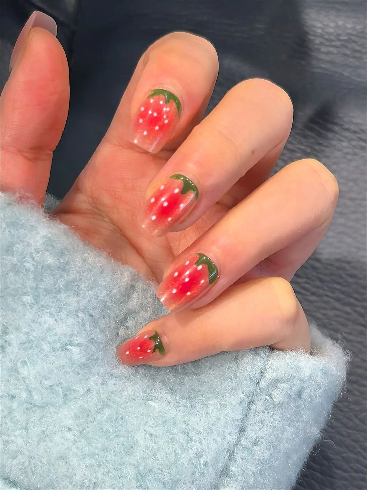10pcs Cute Short Fake Nails Handmade Red pink Strawberry Designs Cat's Eye Press On Nails Full Cover Sweet Detachable False Nail