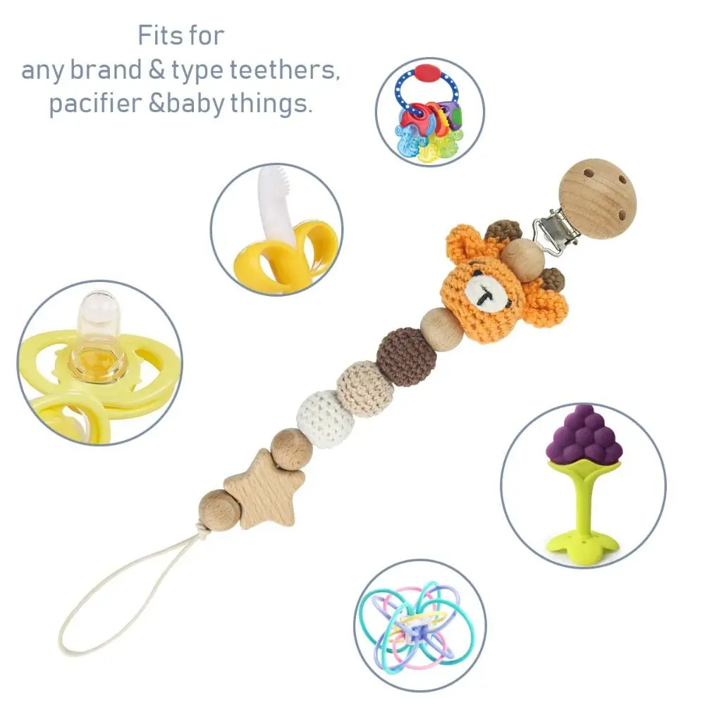 Wood Appease Soother Chain Baby Pacifier Chain Baby Teether  Straps Pacifier Holder Clips Crochet Animal Pacifier Clips