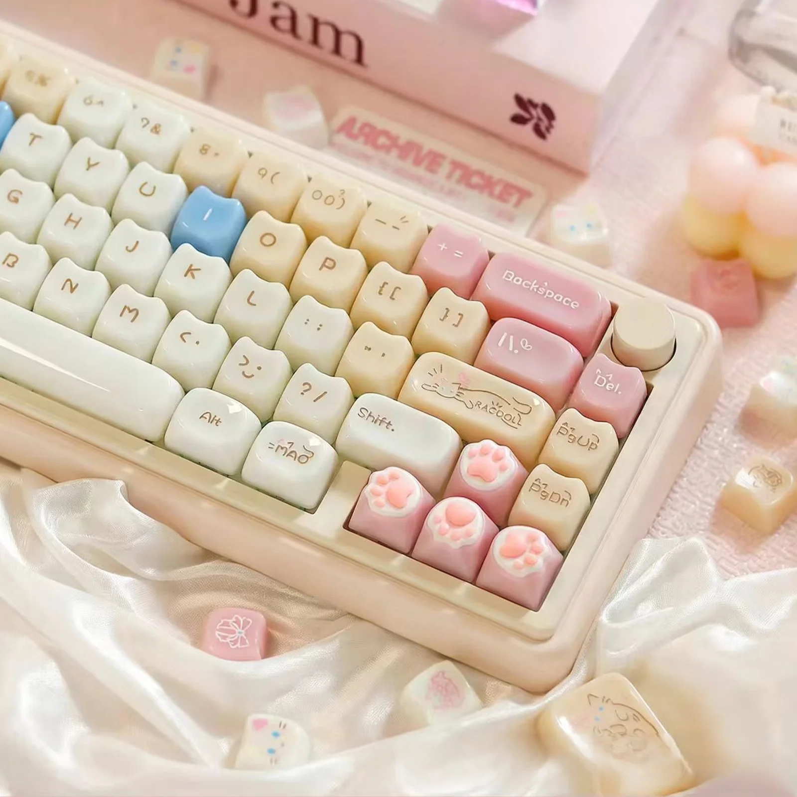 Cute Candy Cat PC Keycaps Glossy Transparent Backlit MAO & MOA Profile Keycaps For Mechanical Keyboard