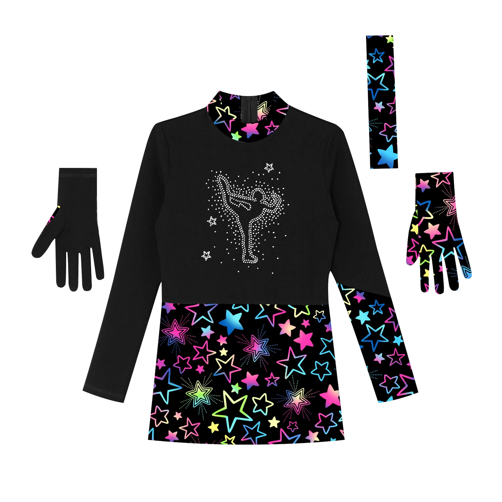 Girls Figure Skating Dress Shiny Rhinestones Gymnastics Outfit Long Sleeve Printed Ballet Leotard Dress with Gloves Headband