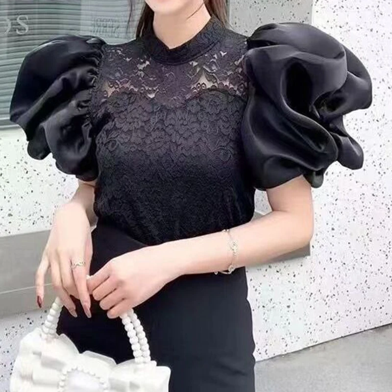 Korean V-neck Bubble Sleeve Irregular Top Women's Design Pleated Slim Short Sleeve T-shirt