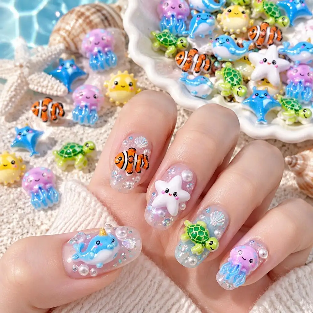 50Pcs Cartoon Ocean Animal Nail Charms 3D Resin Clownfish Star Turtle Jellyfish Nails Decorations for Summer Beach Manicure Part
