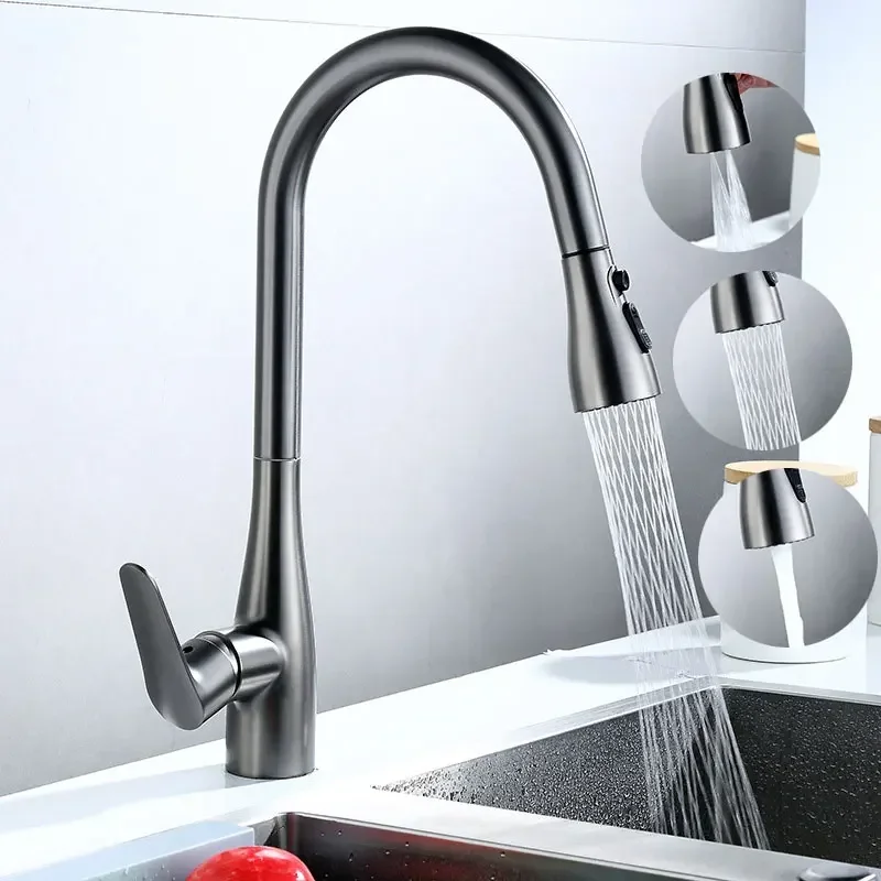 Three Outlet Mode Kitchen Faucets Brushed Nickel Kitchen Sinks Single Handle Pull Out Mixer Hot and Cold Water 360 Rotation Grey