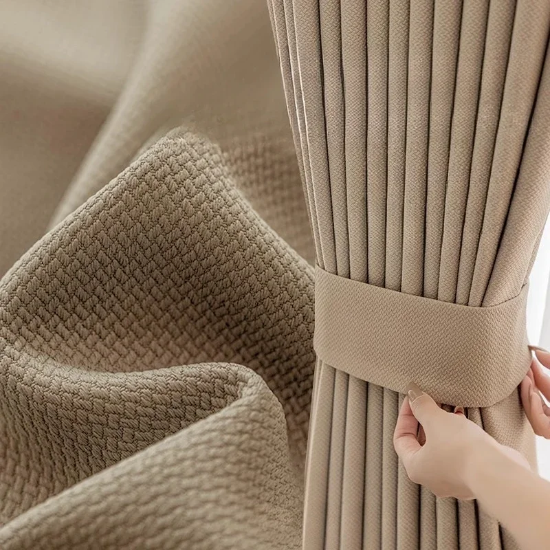 

Blackout Curtains All-cloth Bedroom Cotton and Linen Light Luxury Living Room Thickened Shading Sun Protection Milk Tea Color