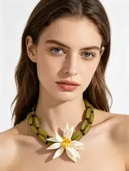 Vedawas Flower Bead Necklace,Vintage Cute Handmade Double Deck Rice Bead Flower Lotus Root Holiday Daily Women Accessories
