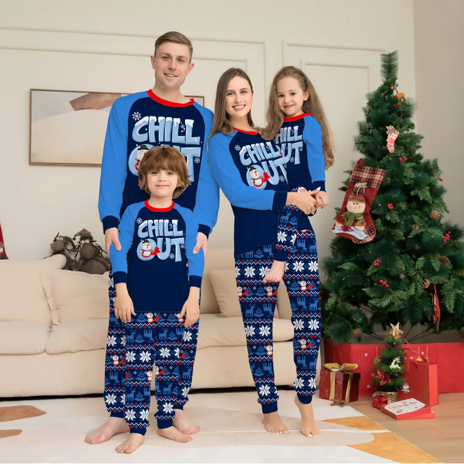 Family Christmas letter snowflake print Christmas parent-child children's holiday long-sleeved pajamas pajama pants home wear