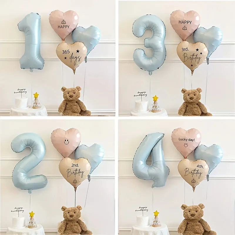 4Pcs Baby Blue Number Birthday Balloons Cream Pink Blue Heart 40inch Large Number Foil Balloon for Birthday Anniversary Decors