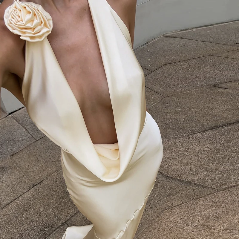 DGLUKE Halter Cowl คอซาตินชุดยาวผู้หญิงเซ็กซี่ Backless Draped Maxi ชุดหรูหราชุดราตรีชุด