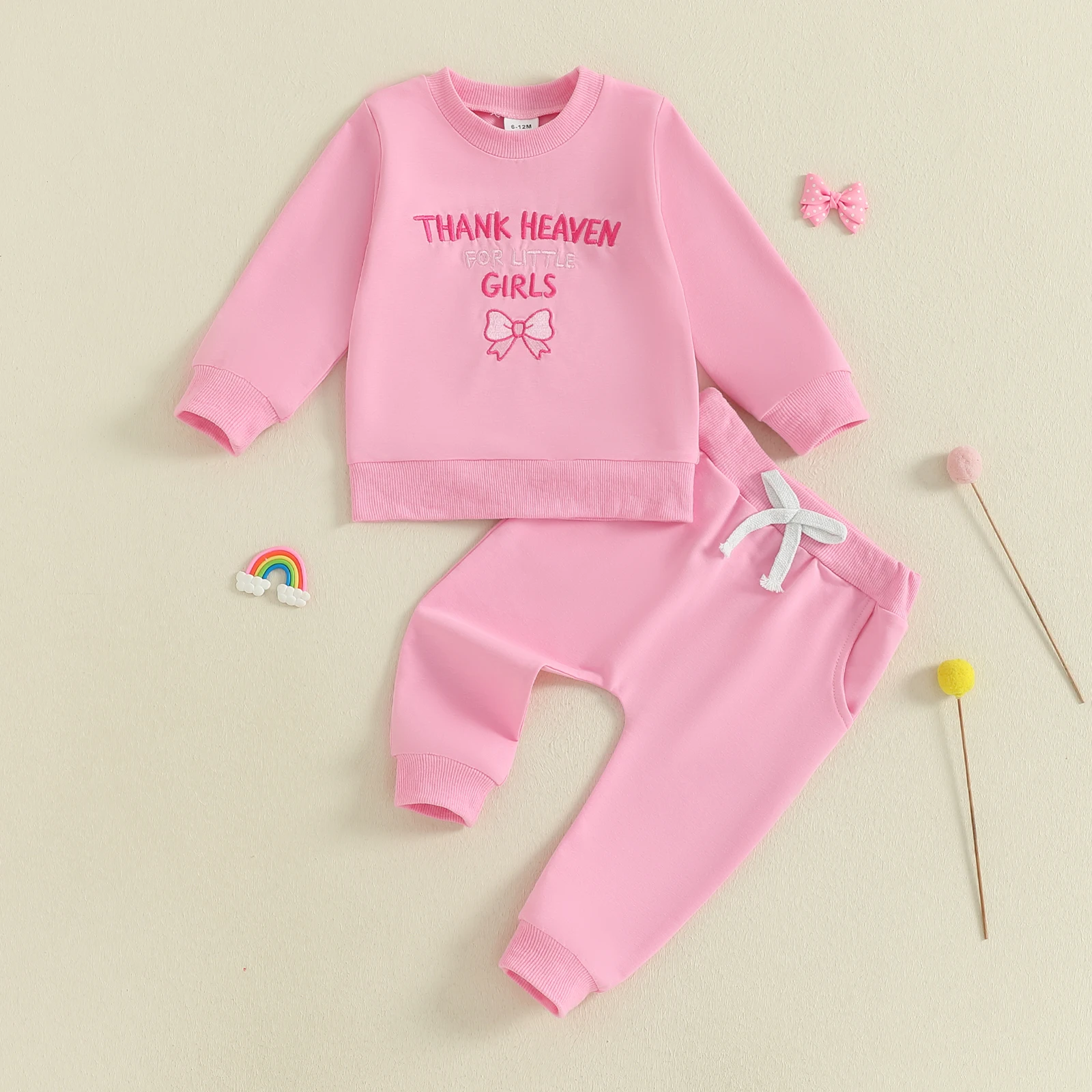 

Toddler Baby Girls 2 Piece Outfits Letter Bow Embroidery Long Sleeve Crew Neck Sweatshirt and Elastic Waist Pants Set