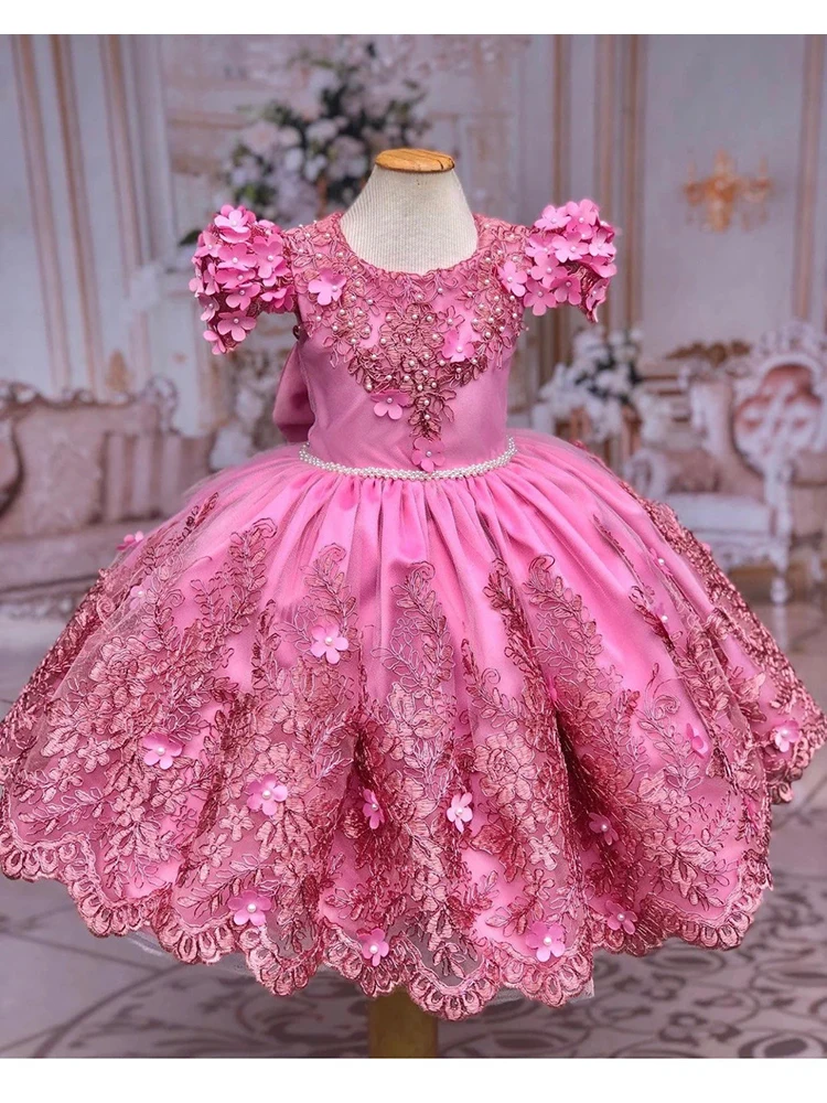 

Luxury Pink Flower Girl Dresse Beads With Pearls Bow Puffy Kids Birthday Pageant Dress Toddler Baby For Wedding Ball Gown