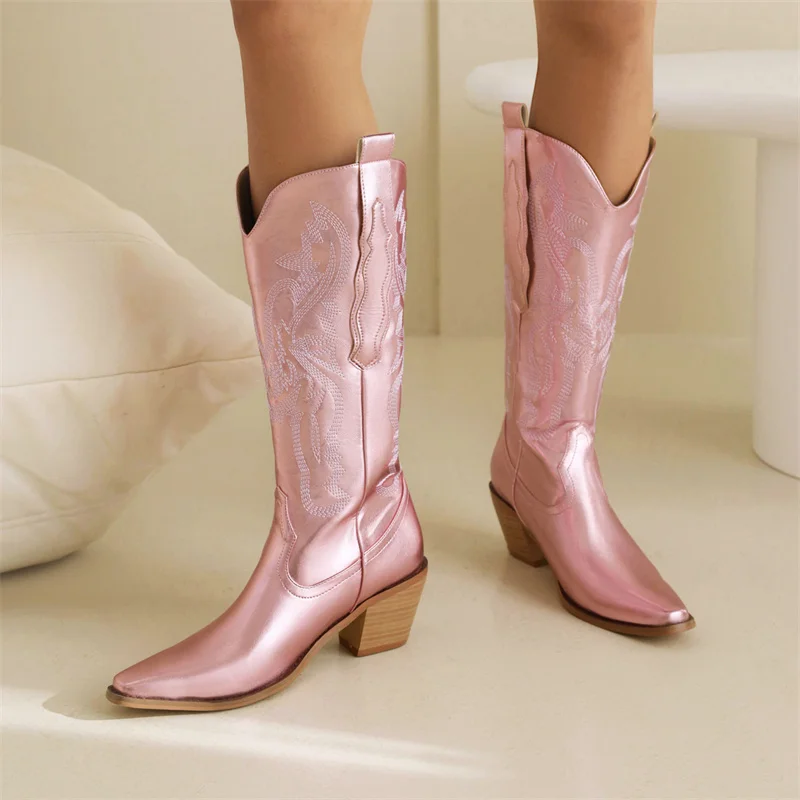 Western Women's Knee High Boots 2023 Trends Wedge Heel Autumn Winter Shoes Ladies Silver Gold Red Pink Cowboy Cowgirls Boot